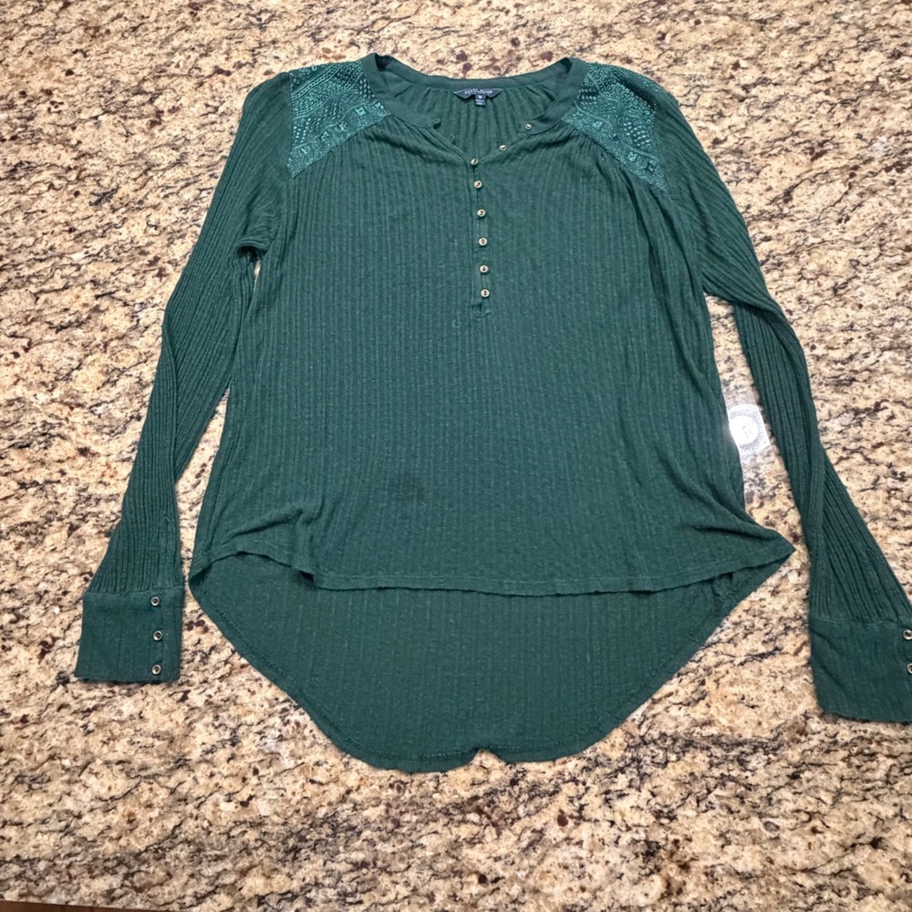 Lucky Brand Womens Green Ribbed Henley Lace Shoulder High Low Top Size M